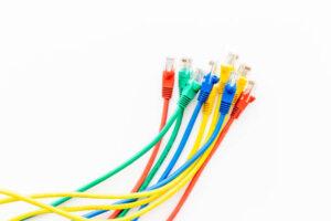 Colored electrical cables and wires, top view.